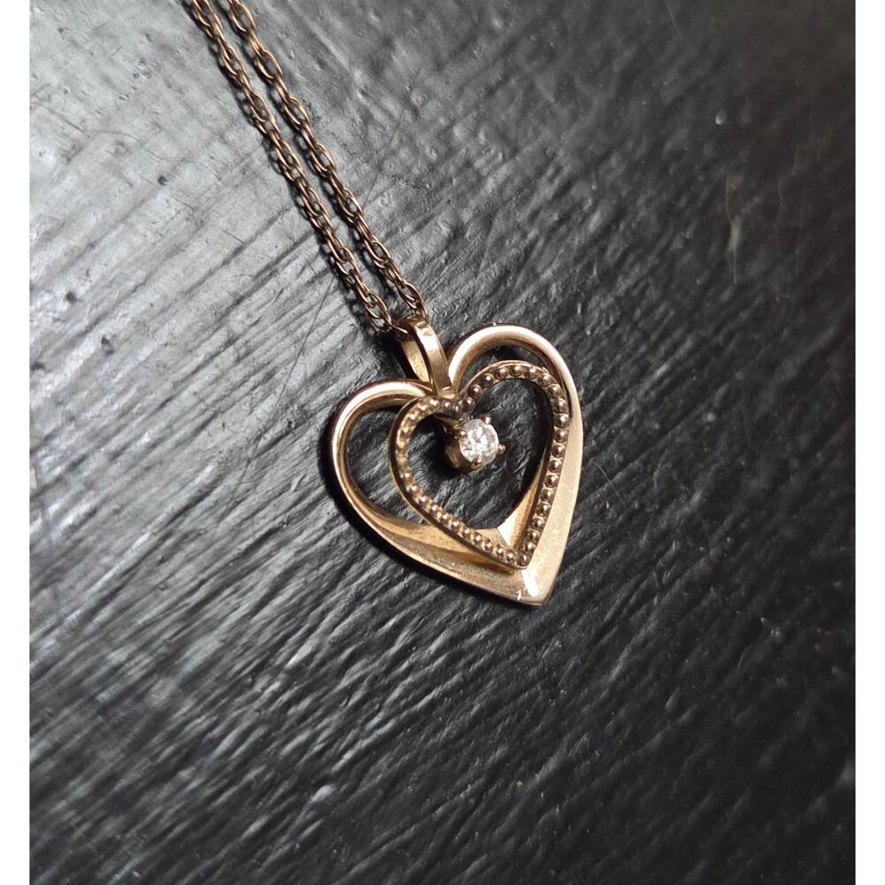 Vintage 14K GF Heart Diamond Pendant Necklace PPC 3d Raised Double Heart